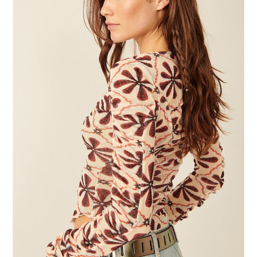Free People Floral V-Neck Blouse Cardi in Cream and Brown - Picture 4 of 6